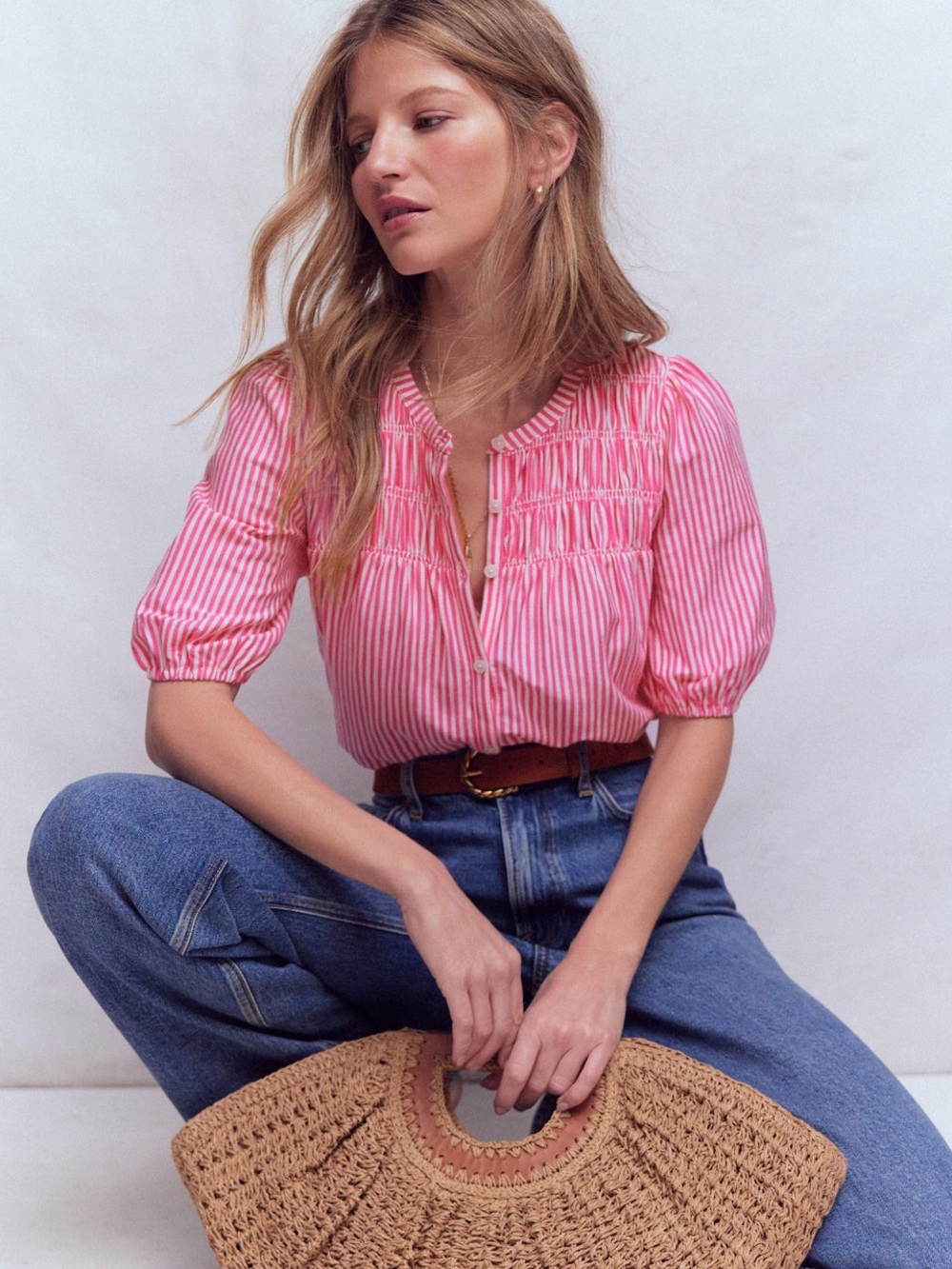 Boden Pink & White Striped Smocked Puff-Sleeve Blouse - Picture 2 of 12